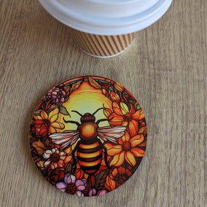 Worker Bee Stained Glass Effect Circular Drinks Coaster | Eco-Friendly Home Decor, Unique Gift, Handmade Artisan Craft