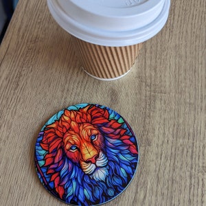 Lion | Leo stained glass effect circular drinks coaster