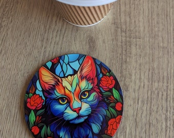 cat coaster – Stained Glass Effect (Circular Design)