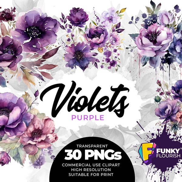 Watercolor Violets Clipart: High DPI PNGs, Print-Ready Pretty Purple Violet Flowers Images with Commercial Rights Instant Digital Download