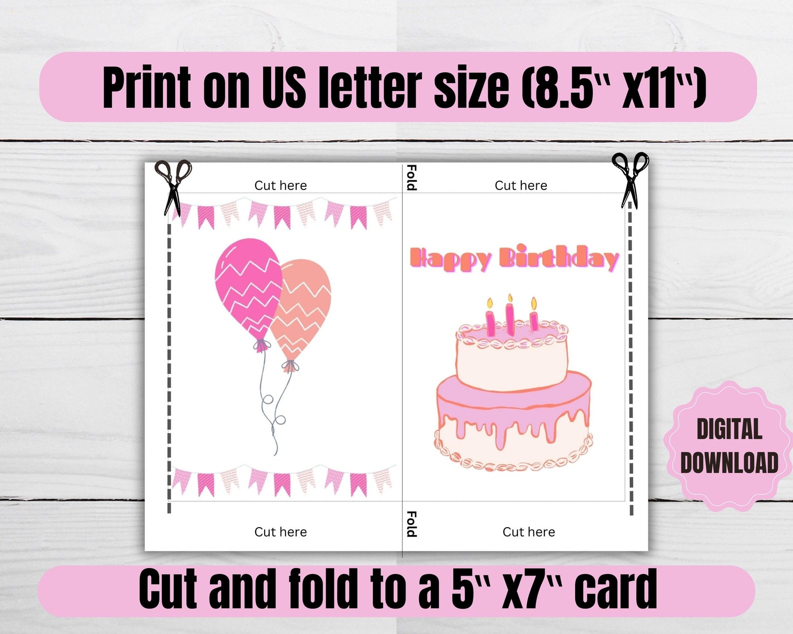 Printable Happy Birthday Card, Printable Birthday Cake Card, Digital ...