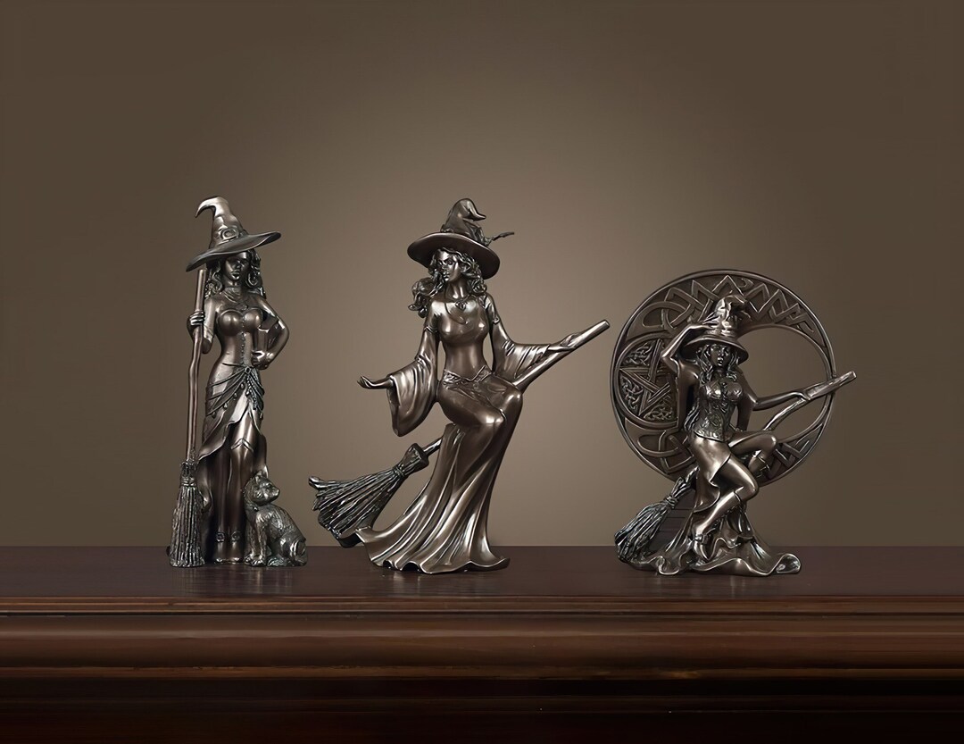 Bronze Witch Statue, Witch Sculpture, Broom Witch Statue, Black Hat