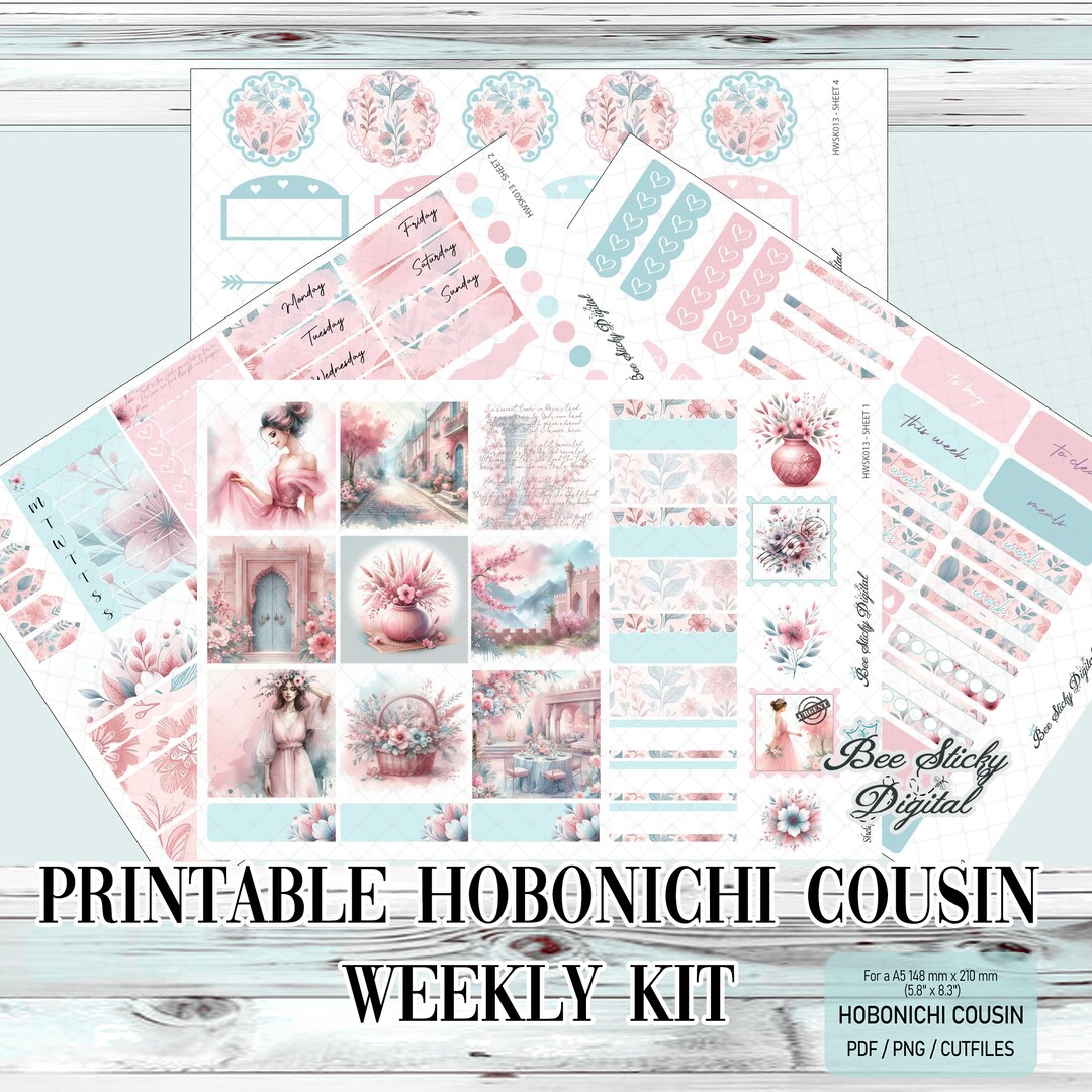 Hobonichi Cousin Kit Pink & Blue Silhouette Cut File PNG PDF Sticker ...