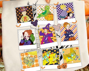May include: A white Halloween-themed tote bag featuring nine framed images of cartoon characters in costumes. The images include a boy in a hat, a green dragon, and a witch. The bag is decorated with bats and pumpkins.