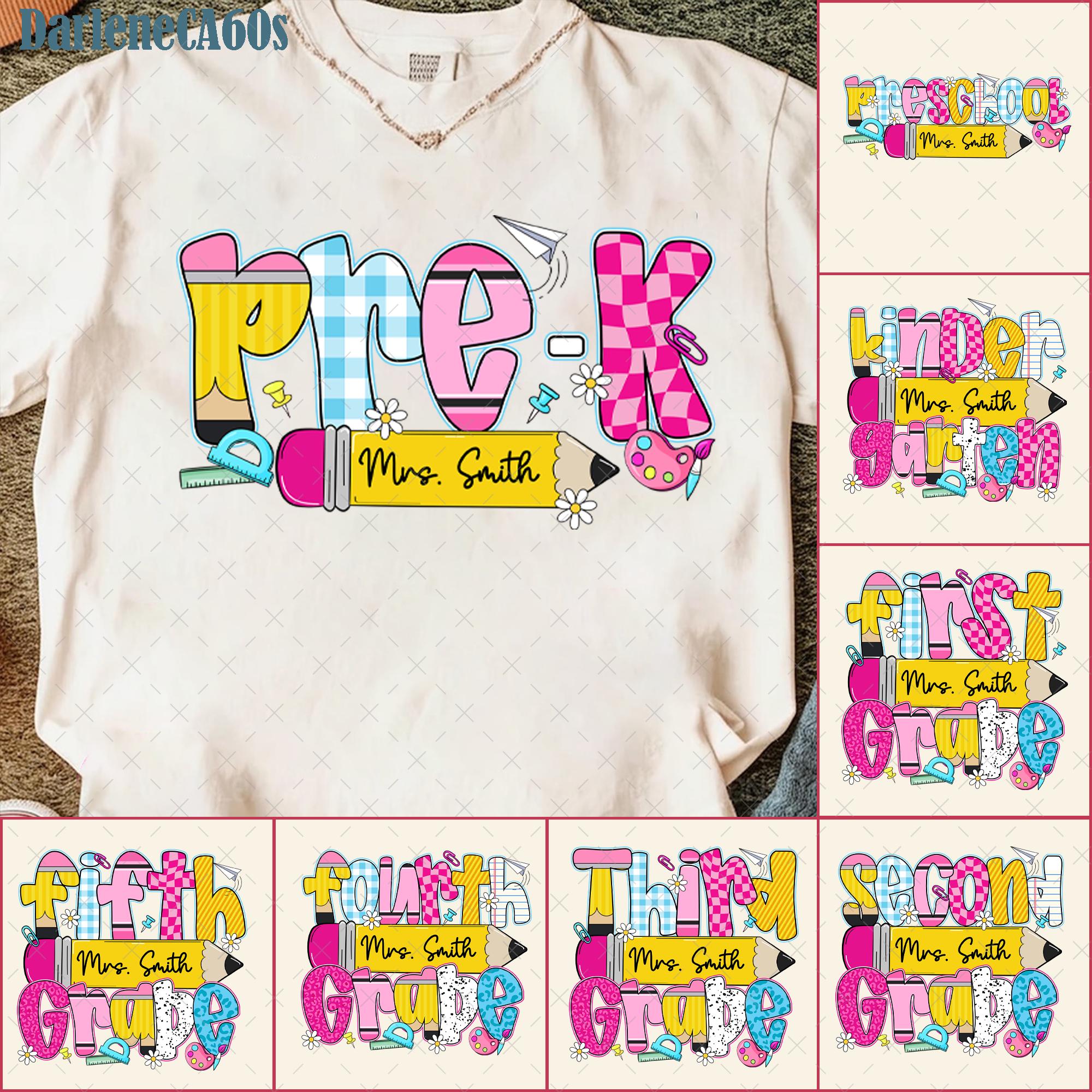 Custom Name Preppy Back To School Bundle PNG, Kindergarten Pre-K 1st 2nd 3rd Grade, Teacher Sublimation, Retro First Day School Shirt Design