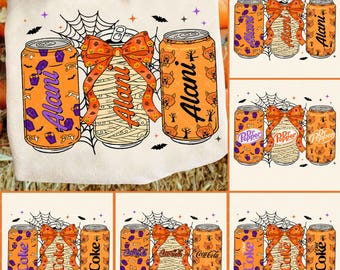 May include: A Halloween-themed design featuring three soda cans with orange and purple accents. The cans are decorated with bats, pumpkins, and the text "Alani", "Coke", and "Dr. Pepper". A mummy-wrapped can is in the center, adorned with an orange bow.