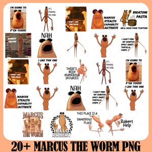 Puede incluir: Una colección de más de 20 imágenes PNG con "Marcus the Worm" en varias poses y expresiones. Las imágenes incluyen texto como "I'm going to", "Nah" y "Robert Help!!!". Las imágenes están sobre un fondo color melocotón.