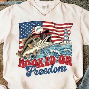 Hooked on Freedom PNG, 4th of July Bass Fishing Sublimation, Patriotic Fisherman PNG, USA Vintage Shirt Design, American Fish Lover png