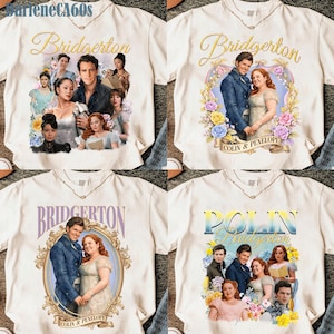 Puede incluir: Camisetas de color crema con diseños de Bridgerton. Cada camiseta muestra un gráfico único, que incluye retratos del elenco y el título del programa en fuentes elegantes. También hay detalles florales y nombres de personajes.