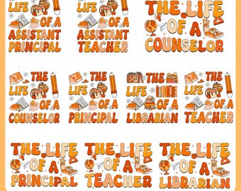 Könnte beinhalten: Eine Sammlung von orangefarbenen und weißen Grafikdesigns mit dem Text "The Life Of A", gefolgt von Berufen wie Assistant Principal und Lehrer. Jedes Design enthält schulbezogene Symbole.