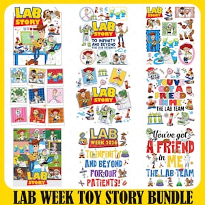 May include: A collection of digital graphics with Toy Story characters in a lab setting. The designs include Woody, Buzz Lightyear, and other characters, with the text "LAB STORY" and "LAB WEEK 2026". The bundle is themed around a lab.