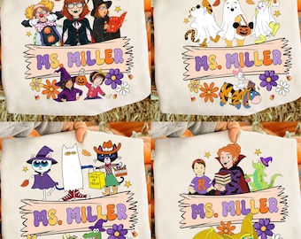 May include: Four beige tote bags with colorful Halloween-themed designs. Each bag features the text "MS. MILLER" in a banner, surrounded by cartoon characters, flowers, and stars. The bags are held against a background of pumpkins.