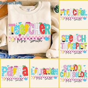 Custom Preppy Teacher/Para/Counselor/Librarian Back to School Bundle PNG, Custom Teacher Coquette First Day of School Png, Girly Pink Bow
