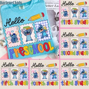 Preppy Pre-K To 5th Grade, Cartoon Pastel Bow Png, Cartoon First Day Of School Design, Blue Alien Back To School PNG Bundle, Cute School PNG