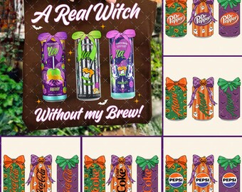 May include: A brown tote bag with the text "A Real Witch Without my Brew!" is held up, displaying Halloween-themed beverage cans. The cans feature bows, pumpkins, and ghosts, with brands like Coke, Pepsi, and Dr. Pepper.