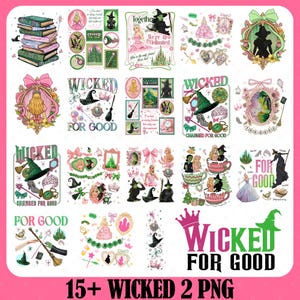 Könnte beinhalten: Eine Sammlung digitaler Grafiken mit Charakteren und Elementen aus dem Musical "Wicked". Die Designs umfassen Hexen, Hüte, Kronen und den Text "Wicked For Good". Die Farbpalette umfasst Rosa, Grün und Schwarz.
