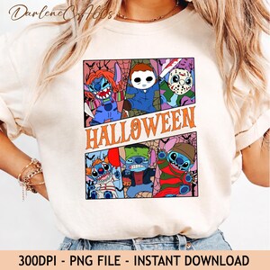 May include: A cream-coloured t-shirt featuring a graphic print of six cartoon characters dressed as horror movie icons. The text HALLOWEEN is printed in orange across the centre. The design includes characters resembling Chucky, Michael Myers, Jason, Pennywise, Frankenstein, and Freddy Krueger.