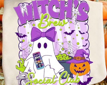 May include: A Halloween-themed design featuring a ghost with a purple bow, holding a can, and surrounded by bats, a cauldron, and a jack-o'-lantern. The text reads "Witch's Brew Social Club" in purple and green.