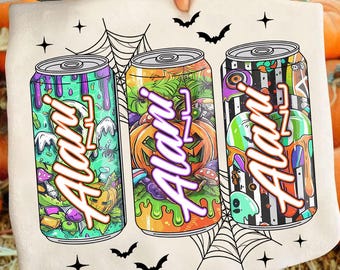 May include: A Halloween-themed design featuring three colorful soda cans with the word "Alani" in a dripping font. Each can has a unique design with pumpkins, bats, and spiderwebs. The background is a light beige.