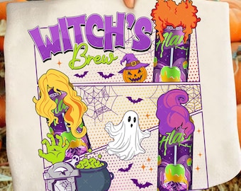 May include: A white Halloween-themed graphic featuring the text "Witch's Brew" in purple. The design includes cartoon images of a witch, a jack-o'-lantern, a ghost, and potion bottles with candy apples. Bats and spiderwebs are also included.