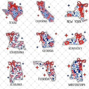 9 designs de coquete de mapa floral png, 4 de julho png, pincelada do Texas png, laço de coquete, mapa preppy png, América png, EUA patrióticos png