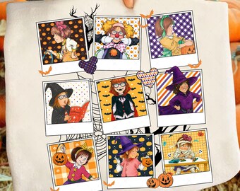May include: A white Halloween-themed tote bag featuring nine polaroid-style images of children in costumes. The costumes include a clown, witch, and mummy. The bag has a spiderweb design and the text "DarleneCA60s" in the upper left corner.