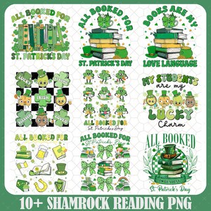 10 + Shamrock Reading Png Bundle, St Patricks Geschenk für Bücherwurm, Bücherwurm, Bibliothekar Png, Lehrer St Patricks Day Png, Buch St Patricks Day Png