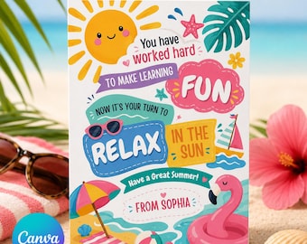 Teacher Summer Thank You Card Canva Template, Editable End Of Year Teacher Gift Card, Relax In The Sun Printable