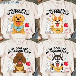 4 bestanden aangepaste naam My Dog Ate My lesplan png, schattige corgi/golden retriever/husky/poedelhond png, schattige hond terug naar school, gepersonaliseerd