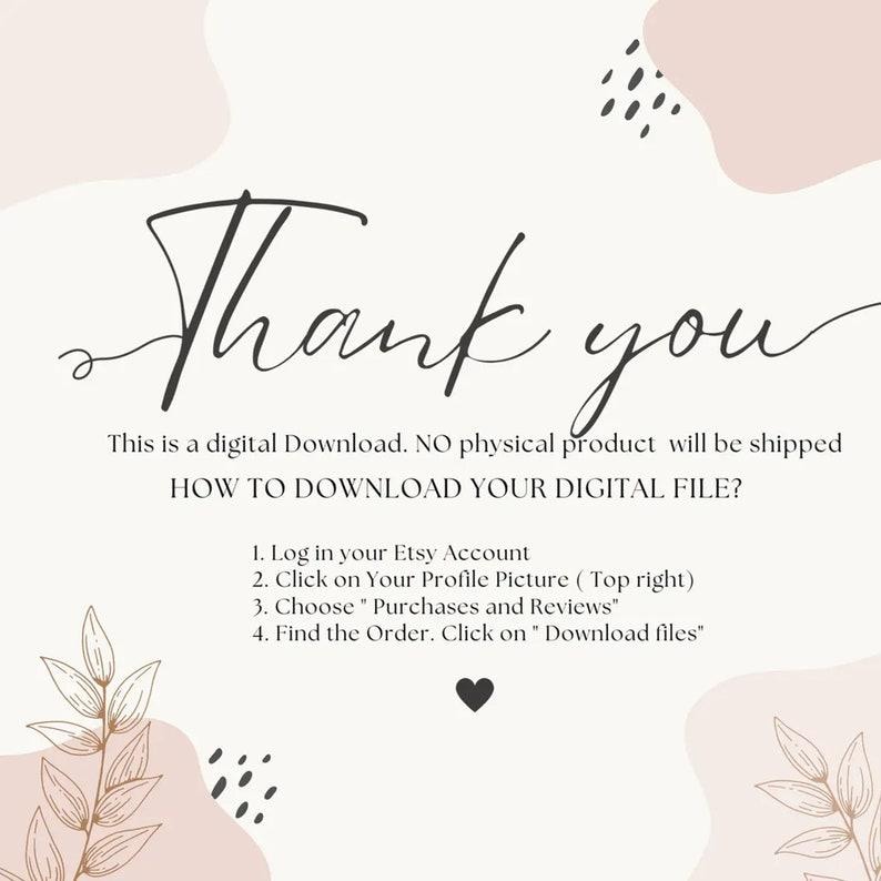 May include: A digital download graphic with the words "Thank you" in elegant script. Instructions on how to download the digital file are listed below the text, with decorative leaf and abstract shapes.