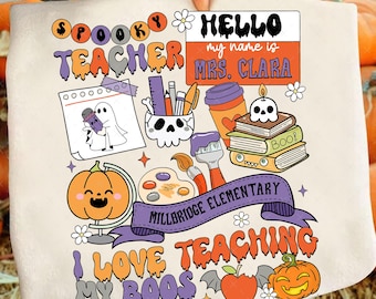 May include: A cream-colored Halloween-themed graphic featuring the words "Spooky Teacher" and "I Love Teaching My Boos." Includes illustrations of pumpkins, ghosts, books, and a skull. The name "Mrs. Clara" is also displayed.