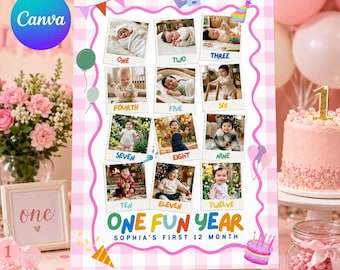 Een leuk jaar eerste verjaardag fotobord canvas bewerkbaar, 12 maanden baby mijlpaalposter afdrukbaar