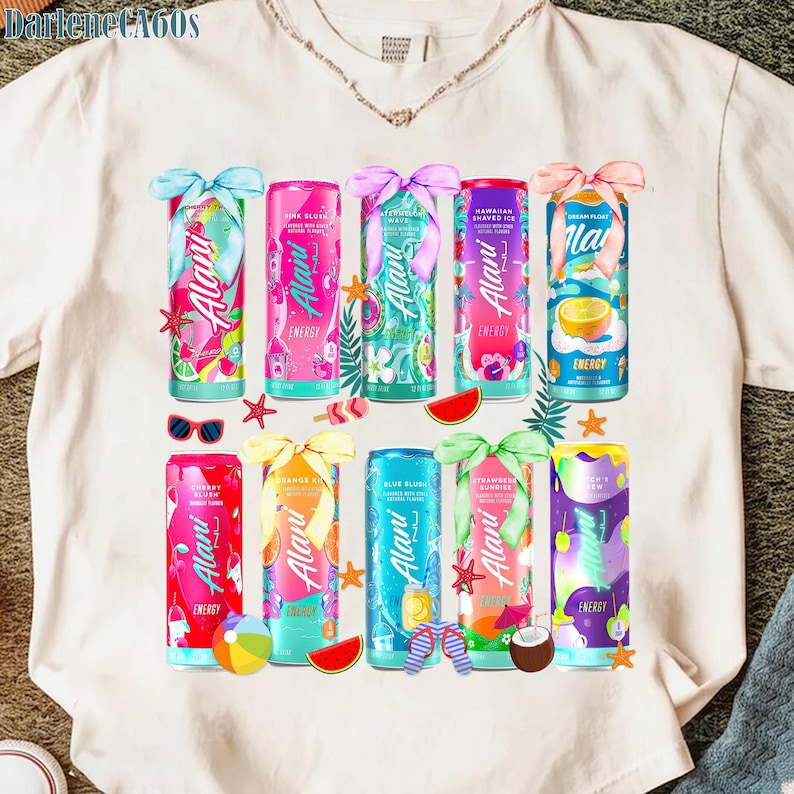 May include: A white t-shirt featuring a colorful arrangement of Alani Nu energy drink cans. Each can is decorated with tropical themes, bows, and various flavors. The shirt also includes sunglasses, starfish, and watermelon slices.