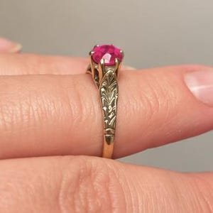 Vintage Natural Ruby Solitaire Ring, 10K Yellow Gold, Engraved Floral Band, Dainty Estate Jewelry, Size 7