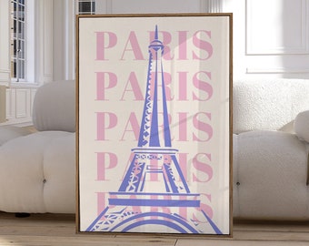 Paris Printable Wall Art | Eiffel Tower Poster, Pink Blue Print, Urban Wall Decor, Aesthetic Print, Paris Travel Poster, Digital Download