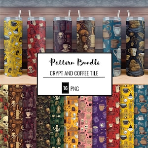 Può includere: Un set di 16 motivi digitali senza cuciture con un design di piastrelle di cripta e caffè. I motivi sono di vari colori, tra cui nero, bianco, rosso, verde, giallo e blu. I motivi presentano teschi, tazze da caffè, caffettiere e altre immagini legate al caffè. I motivi sono perfetti per l'uso nello scrapbooking, nella creazione di biglietti e in altri progetti di artigianato.