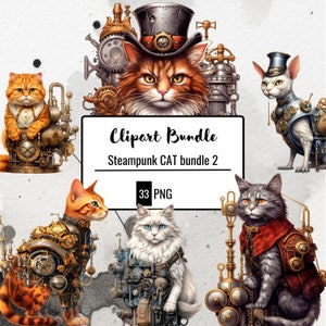 Clipart of Steampunk Cat, Watercolor Mechanical Cat PNG, Set of Cat Cliparts, Cat PNG, Commercial Use.