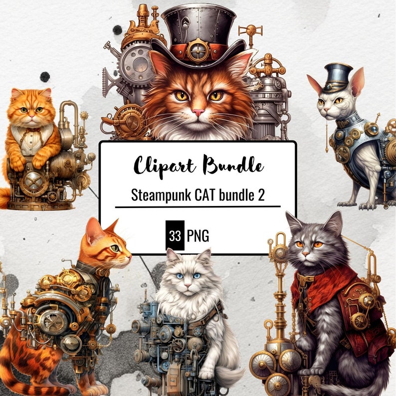 Clipart of Steampunk Cat, Watercolor Mechanical Cat PNG, Set of Cat ...