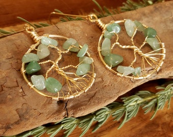 Green aventurine tree earrings, Gold colored wire, Dangle earrings, Fishhook earrings