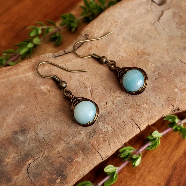 Amazonite blue bead earrings - Dangle earrings - Handmade crystal earrings - Wire wrapped bronze dangle earrings - Lightweight earrings