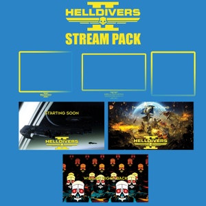 May include: A digital stream pack for the video game Helldivers 2. The pack includes a starting soon screen, a thanks for watching screen, and a be right back screen. The screens feature the game's logo and characters.
