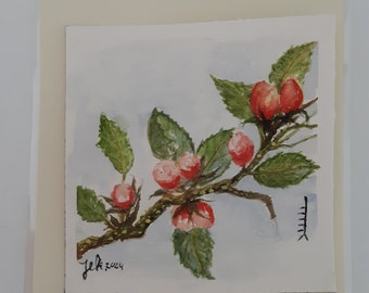 Aquarell Original kleine Gemälde Apfelblüte von der Ogham Tree Ast Serie mit Blanco Karte Umschlag Geburtstagsgeschenk, Wohnkultur, Wandkunst