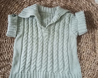 Hand Knitted Light Green Cotton Baby Sweater, Short Sleeved, Cables, Birthday Present, Christmas Gift, Baby Shower, Unisex Boy and Girl