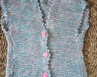 Hand Knitted Baby Girl Vest Sweater with Pink Flower Buttons, 1-2year old, Birthday Present, Christmas Gift, Unique Clothing, Quality Yarn