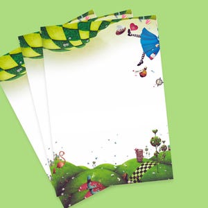 Papel de escribir de Alicia en el país de las maravillas para amigos por correspondencia, juego de cartas literarias para amantes de los libros, papelería de correo postal, regalo para lectores o profesores.