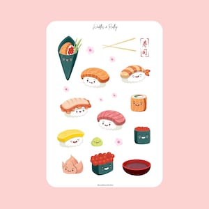 Feuille d'autocollants pour sushis kawaii, adorables autocollants de cuisine japonaise pour tenir un journal, du scrapbooking, des correspondants et des cadeaux pour les adolescents ou les amateurs de papeterie