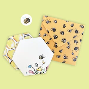 Zeshoekige notitiekaart met bijenthema met envelop en zegel, schattig briefpapier cadeau voor haar, schrijfkaart met bloemenbij, blije post, brievenset penvriend