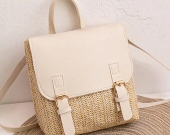 Straw Backpack, Women's Fashion Shoulder Bag, Straw Woven Leather Backpack