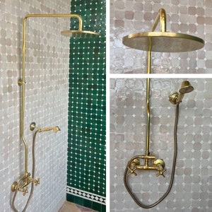 Unlacquered Brass Shower System with Hand Shower, Round Shower Head with High Pressure