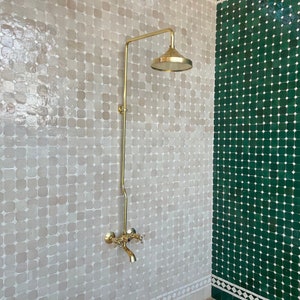 Unlacquered Brass Exposed Shower System: Rainfall Head & Tub Faucet